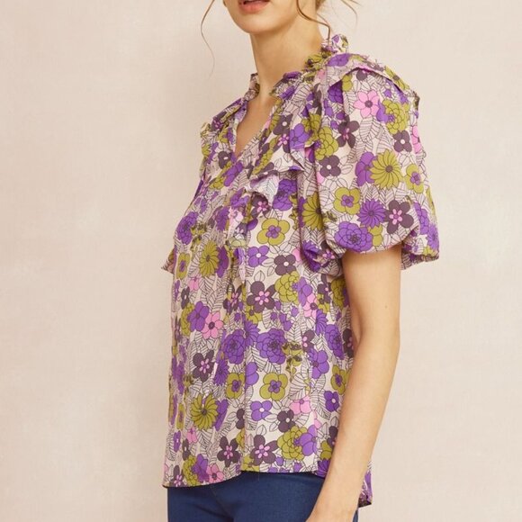 NWT Entro Floral print v-neck puff sleeve top -Size XL - Picture 5 of 5